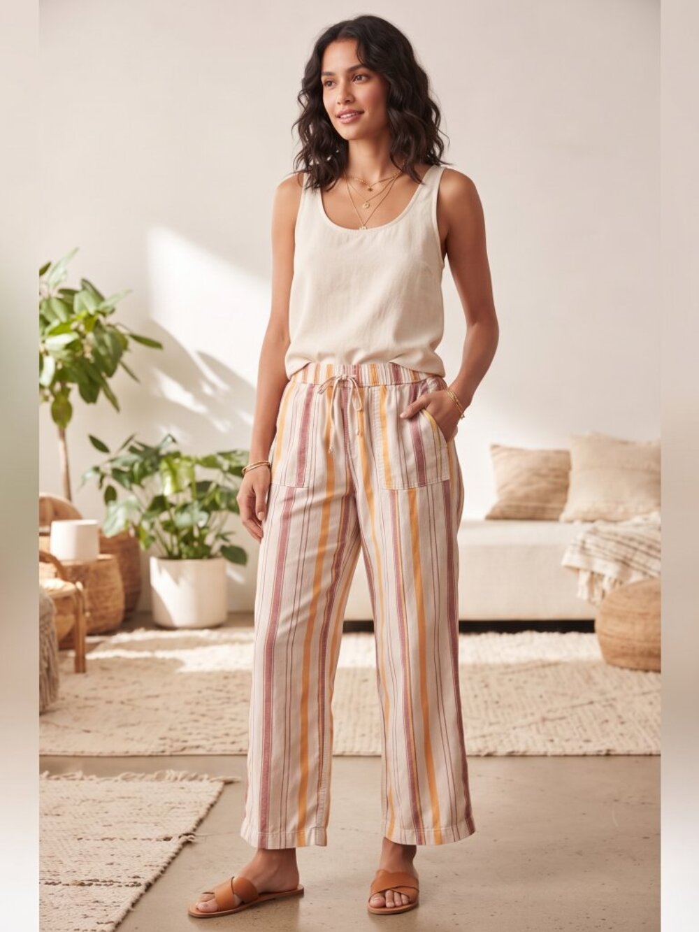 Toad&Co Multi-Color Striped Hemp Blend Pull-On Pants, Medium